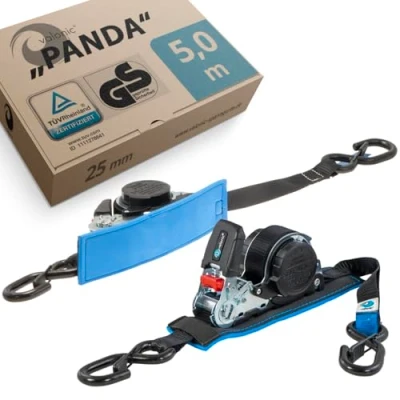 Abbildung von valonic Panda Automatik Spanngurt mit Haken, TÜV Rheinl. / GS Zertifiziert, EN 12195 2, gepolstert, 5m, 25mm, 300/600Kg, 2 Stück, Ratsche Spanngurte, Zurrgurte für Motorrad, SUP schwarz