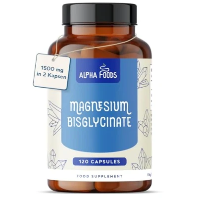 Abbildung von Magnesiumbisglycinat 120 Kapseln 1500 mg Magnesium Glycinat pro Tagesdosis, davon 300 Elementares Vegan Hochdosiert Alpha Foods