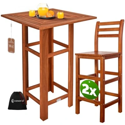 Abbildung von Casaria® Bartisch mit Barhocker Set Outdoor Indoor Holz Akazie 110x75x75cm Wetterfest Rustikal Massiv Garten Balkon Terrasse Möbel Stehtisch 2X Lehne