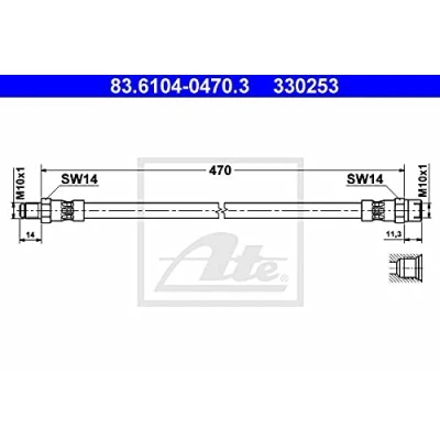 Abbildung von ATE 83.6104 0470.3 Bremsschläuche 470 M10x1 MERCEDES BENZ: T2/LN1 Kasten / Kombi, S Klasse Limousine, Pritsche/Fahrgestell
