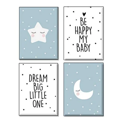 Abbildung von 4Good Bilder Kinderzimmer Modern Nordic Moon Stars Sun Sonne mond Sterne Set Jungen mädchen babyzimmer (Mond blau A4)