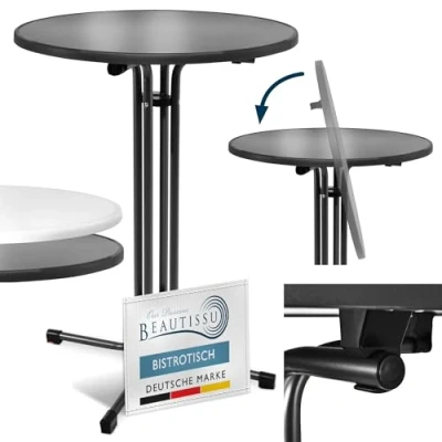 Abbildung von Beautissu Stehtisch Schwarz klappbar Ø70cm Bellini Stabiler Outdoor Bistrotisch Wetterbeständig höhenverstellbarer Fuß, leichte Montage Halterung vormontiert Kratzfest Gastro Partytisch Rund