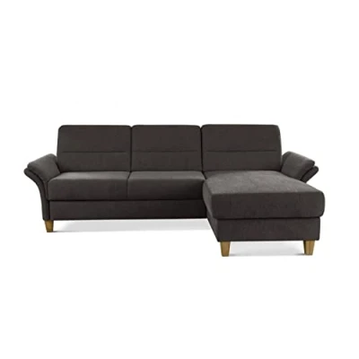 Abbildung von CAVADORE Ecksofa Wyk mit Federkern / Eckcouch im Landhaus Stil Longchair und Holzfüßen 252 x 90 162 Chenille, Braun