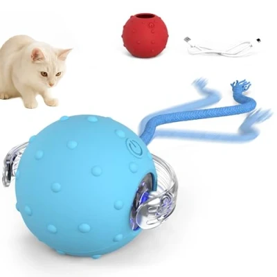 Abbildung von PetTec® Katzenball Elektrisch Blau mit Schnur [INTERAKTIVES KATZENSPIELZEUG] Automatischer Spielball für Katzen Intelligenter &amp; Selbstrollender Spielzeug Ball Cat Chase Interactive Running Toy
