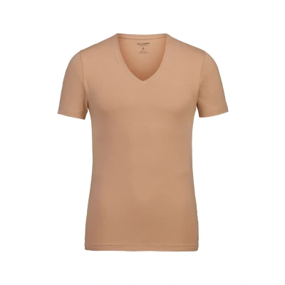 Abbildung von OLYMP Herren T Shirt V Ausschnitt Basic Tshirt,Tee,Einfarbig,Body fit,Caramel 24,XS