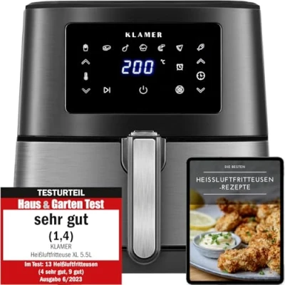 Abbildung von KLAMER Heißluftfritteuse XL 5,5l, Multifunktionale Heissluftfritteuse, ölfreie Fritteuse, 1700…, 1700 W, LED Display, Antihaftkorb, Voreingestellte Kochprogramme, Cool Touch
