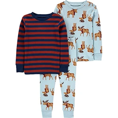 Abbildung von Simple Joys by Carter&#039;s Baby Jungen 3 Piece Snug fit Cotton Christmas Pajama Set Pyjamaset, Burgunderrot Streifen/Hellblau Elch, 12 Monate (3er Pack)