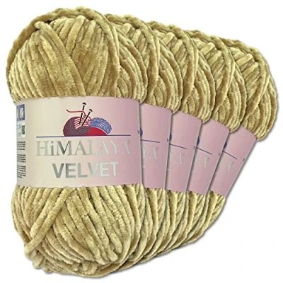 Abbildung von Wohnkult Himalaya 5 x 100 g Velvet Dolphin Wolle 40 Farben zur Auswahl Chenille Strickgarn Glanz Flauschgarn Accessoire Kleidung (90017 Sandstein)