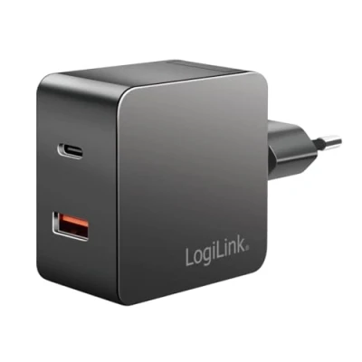 Abbildung von LogiLink Dual USB Ladeadapter, 1x A, C, GaN (Galliumnitrid) für hohe Effizienz bis 45 W, PPS Laden (Programmable Power Supply), PowerDelivery &amp; QuickCharge