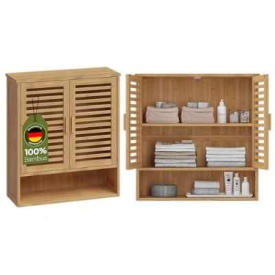 Abbildung von Bellamio Badschrank Newa mit 3 Ablagen, Hängeschrank für Badezimmer schmal 2 Türen, Aufbewahrungsschrank Badeschrank aus Bambus lackiert, Bad Regal Maße 65x59x21 cm