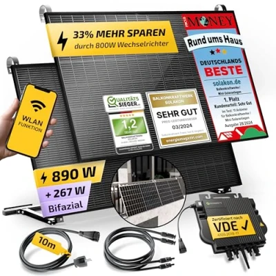 Abbildung von Solakon® 890W Balkonkraftwerk mit Halterung (Balkon) 800W komplett Steckdose neuester 800 Watt Wechselrichter Solaranlage Komplettset 445W bifaziale Solarmodule inkl. Zubehör