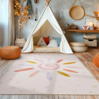 Abbildung von Kinderteppich Teppich Kinderzimmer Sonnen Design Babyzimmer Teppiche Spielteppich für Jungen und Mädchen Creme Waschbar rutschfest 140 x 200 cm, Rechteckig