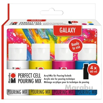 Abbildung von Marabu Super Cell Pouring Mix GALAXY, 4 x 60 ml Farbe, gebrauchsfertiger Acryl für Technik, wasserfest, lichtbeständig, trocknen seidenmatt auf, 1210000000300