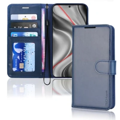 Abbildung von TECHGEAR Galaxy S24 5G Leder Hülle, PU Flip Case Schutzhülle Ledertasche [Brieftasche] Handyhülle mit Ständer und Handschlaufe Beutel Hülle Kompatibel Samsung Blau