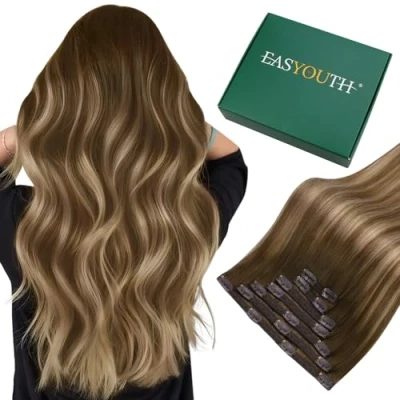 Abbildung von Easyouth Echthaar Extensions Clip in Balayage Haarverlangerung Mittelbraun Mit Honigblond und Braun 40 cm 120g #4/27/4