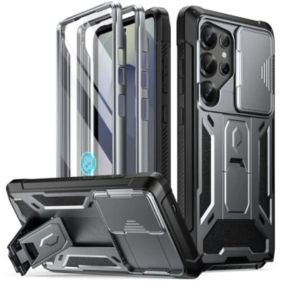 Abbildung von Poetic Spartan Hülle für Galaxy S25 Ultra, [Schiebe Kamera Abdeckung] [Displayschutz funktioniert mit Fingerabdruck ID] Robuste, stoßfeste Handyhülle in Militärqualität Ständer, Metallic Gun Metal