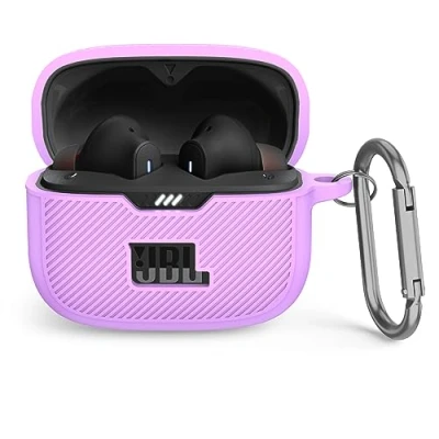 Abbildung von MOWYEOK Silikon Hülle kompatibel mit JBL Tune 230NC TWS, Tragbare Kratz und stoßfeste Silikonhülle, Front LED sichtbar, für Gehäusezubehör, Karabiner Lila
