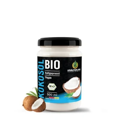 Abbildung von Kräuterland Bio Kokosöl, Kokosfett 500ml Kokosnussöl nativ, kaltgepresst, hoch erhitzbar zum Kochen, Braten und Backen in Premium Rohkostqualität