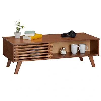 Abbildung von IDIMEX Couchtisch Sean, mit 2 Fächern in Kastanie, eleganter Beistelltisch im skandinavischen Design, praktischer Wohnzimmertisch Schiebtür aus massiver Kiefer