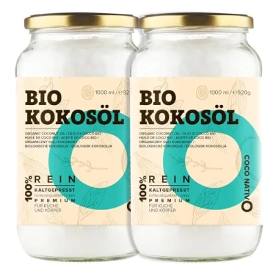 Abbildung von Kokosöl Bio CocoNativo 2x1000ml (2L) Coconut Oil Kokosnussöl in Rohkostqualität Reines Kokosfett zum Kochen, Braten und Backen, für die Haare, Zähne Haut