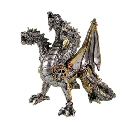 Abbildung von Kremers Schatzkiste Dreiköpfiger Drache Steampunk Figur Polyresin Deko Skulptur Mehrfarbig 21x14x18cm, Vintage Drachen Statue