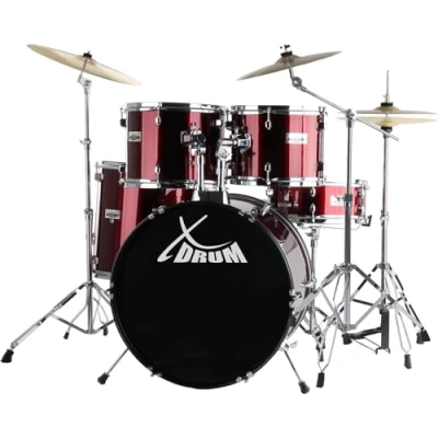 Abbildung von XDrum Semi 22&quot; Standard Schlagzeug Lipstick Red BD, 12&quot; TT, 13&quot; 16&quot; FT, 14&quot; SD Set inkl. Crash Becken und Galgenbeckenständer Rot