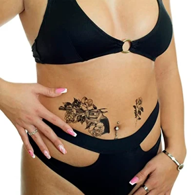 Abbildung von 1 x Revolver Tattoo in schwarz Rosen, Messer Temporary Body FF067 (1)