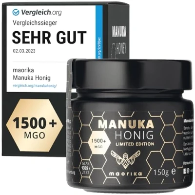 Abbildung von maorika Manuka Honig 1500 MGO (Limited Edition) im Glas lichtundurchlässig, kein Plastik laborgeprüft mit zertifiziertem Methylglyoxal Gehalt aus Neuseeland 150g