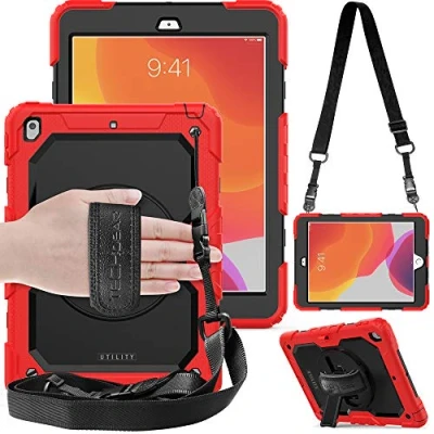 Abbildung von TECHGEAR Utility Hülle für iPad 10.2 2021/2020/2019 [9. 8. 7. Generation] Robust Heavy Duty Stoßfeste Schutzhülle mit 360 Grad Schwenkständer, Hand Schultergurt Eingebauter Displayschutz Rot