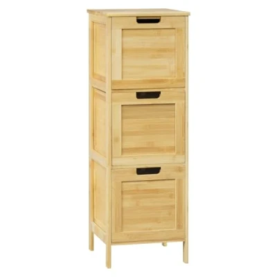 Abbildung von EUGAD Badezimmerschrank schmal, Badschrank mit 3 abnehmbaren Schubladen, Aufbewahrungsschrank stehend, Eckschrank Mehrzweckschrank, aus Bambus, Naturfarbe, 30x90x30 cm