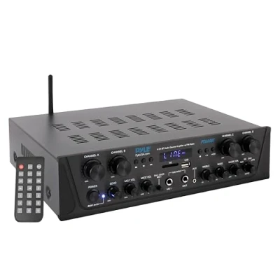 Abbildung von Pyle PTA44BT Karaoke Bluetooth Verstärker, kabellos, 4 Kanal Stereo Audio Heimkino Lautsprecher, Sound Leistungsempfänger mit AUX IN, UKW, Cinch Subwoofer Ausgang, USB, Mikrofon in
