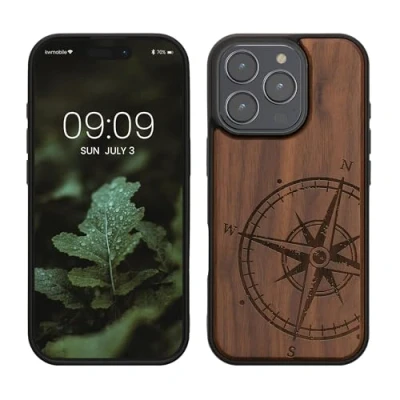 Abbildung von kwmobile Hülle kompatibel mit Apple iPhone 16 Pro Holz Case Handy Cover TPU Handyhülle in Dunkelbraun Kompass Vintage