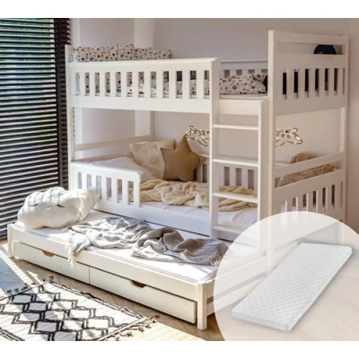 Abbildung von Kids Collective Hochbett 90x200 mit Ausziehbett Kinderbett Ausziehfunktion, zwei Schubladen Lattenrost, Rausfallschutz, 3 Matratzen, Vollholz in weiss