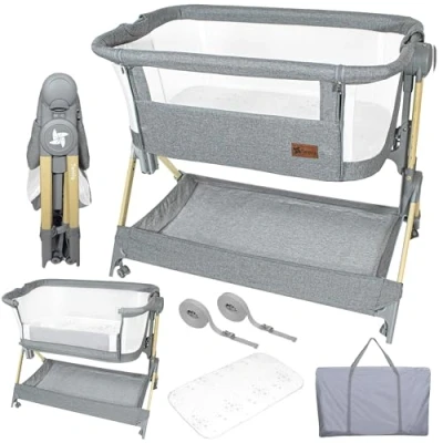 Abbildung von Twinly Beistellbett 2 in 1, Babybett Faltbar und Höhenverstellbar COMFORTLY, 0 6 Monate, 5 Höhenstufen, Atmungsaktive Matratze, Netzseiten, 4 Rollen, Tragetasche, Einfach zu Transportieren (Wood)