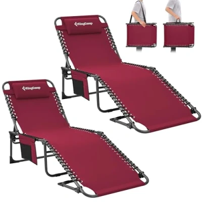 Abbildung von KingCamp Campingliege Sonnenliege Gartenliege Camping Klappbett mit verstellbarem Rückenteil und Kopfkissen für Garten Urlaub Outdoor 2 Set Weinrot