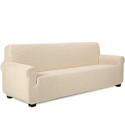 Abbildung von TIANSHU Sofabezug 4 sitzer, Stretch Spandex Couchbezug Sesselbezug Elastischer Antirutsch Stretchhusse Weich Stoff,Jacquard Sofabezug, Schonbezug für Sofa Sofahalter(Beige)