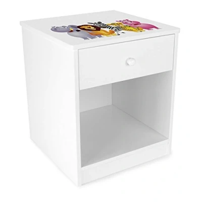 Abbildung von Leomark Nachttisch aus Holz Animals Nachtschränkchen mit Schublade, Nachtschrank für Kinder, Weiß Nachtkonsole Aufdruck, Höhe: 40 cm