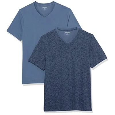 Abbildung von Amazon Essentials Herren Kurzärmelige T Shirts mit V Ausschnitt, 2er Pack, Verwaschenes Blau/Blumenaufdruck, XXL