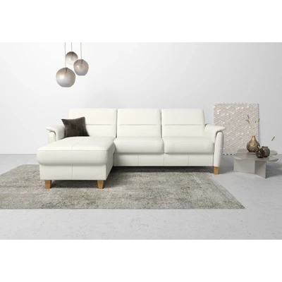 Abbildung von CAVADORE Leder Eckcouch Palera mit Longchair / Landhaus Sofa Federkern + massiven Holzfüßen 244 x 89 163 Weiß
