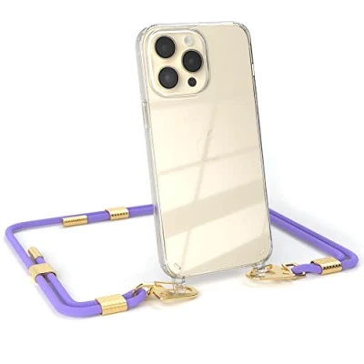 Abbildung von EAZY CASE kombinierbare Handyketten kompatibel mit iPhone 14 Pro Max, Transparente Silikon Hülle stylischen rundem Umhängeband, Abnehmbarer Karabiner, Schultergurt, Lavendel Lila Clips Gold