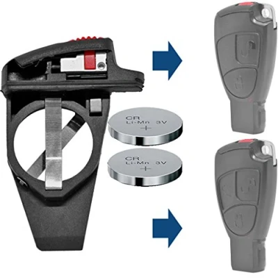 Abbildung von mt key Auto Schlüssel Batteriehalter Clip Reparatur Set + 2X passende CR2025 Knopfzelle, (3 V), für Mercedes Benz Funk Fernbedienung