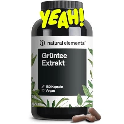 Abbildung von natural elements Grüntee Extrakt 180 Kapseln 1998 mg Grüner Tee pro Tagesdosis mit ECGC und Polyphenolen vegan, hochdosiert, ohne Zusätze St
