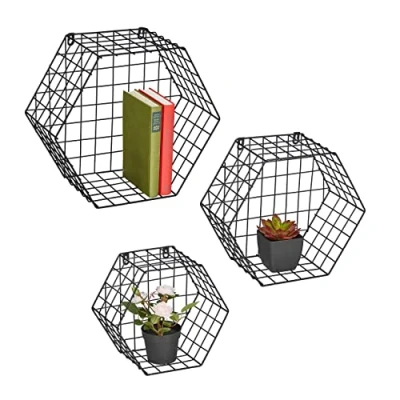 Abbildung von Relaxdays Wandregal 3er Set, Metall, 3 Größen, Gitter Design, Industrial, Hängeregal Hexagon, Dekoregal Wand, schwarz