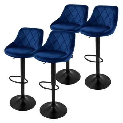 Abbildung von ML Design Barhocker 4er Set, Bezug aus Samt, Blau, Gepolsterter Barstuhl mit Rückenlehne und Fußstütze, Tresenhocker höhenverstellbar 62 82 cm, 360 drehbar, Bistrohocker Hocker Drehstuhl Barstühle