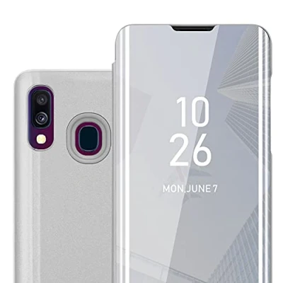 Abbildung von Cadorabo Hülle kompatibel mit Samsung Galaxy A40 Schutzhülle TPU Silikon Case 360 View Spiegel, Slim Kratzfest Weiche Gummi Rundumschutz Cover für in Silber