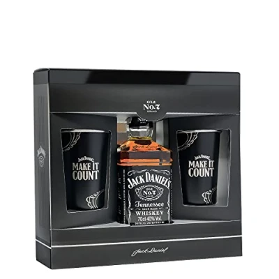 Abbildung von Jack Daniel&#039;s Geschenkset + 2 &amp; Cola Metal Becher Set (1 x 0.7 l) Bourbon Whisky