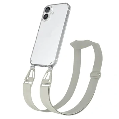 Abbildung von EAZY CASE Handykette mit breitem Band kompatibel iPhone 16 dünne Handyhülle für Apple Hülle Silikon stoßfester Fallschutz Kette zum Umhängen in Taupe Clips