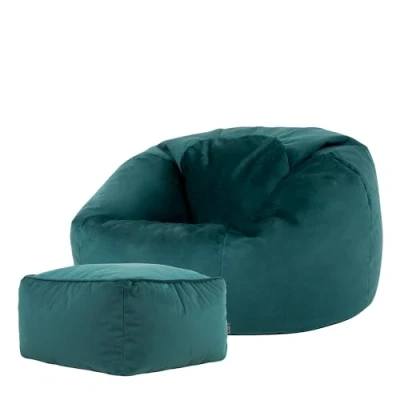 Abbildung von Icon Klassischer Sitzsack „Aurora“ mit Hocker, Blaugrün, Plüschsamt, Sessel für Erwachsene Füllung, Groß Sitzsäcke das Wohnzimmer