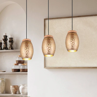 Abbildung von Reality Leuchten Pendelleuchte Bidar R31573065, Metall Coffee/Goldfarbig, Holz naturbelassen, exkl. 3x E27