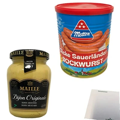 Abbildung von Metten Dicke Sauerländer Bockwurst 5x80g (1x400g Dose) Maille Dijon Senf (215g Glas) + usy Block